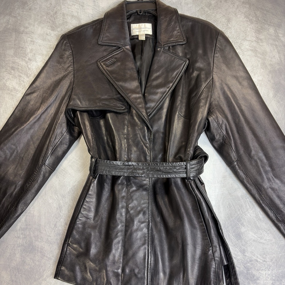Worthington Black Leather Belted Trench Jacket